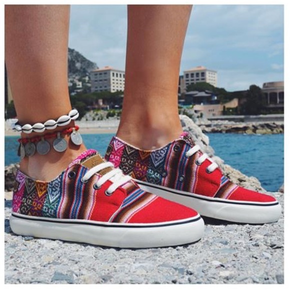 Aztec Red Low Top Handmade Festival Boho Sneakers - Picture 2 of 7
